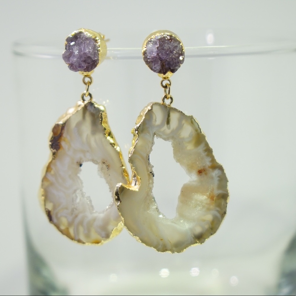 Gold Plated Geo Druzy Gem Natural Earrings Beige